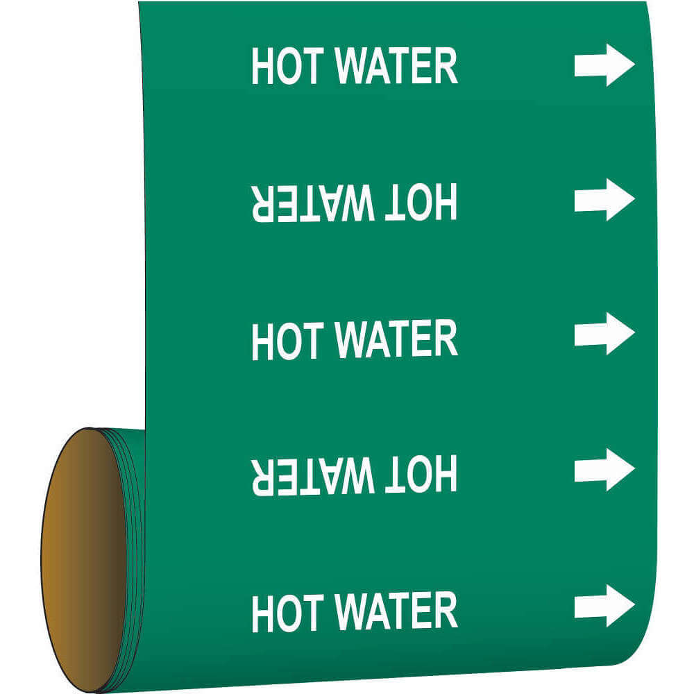 Pipe Marker, Hot Water, Green, White, Fits 2 Inch & Smaller OD, 30 Pipe Marker, With Arrow