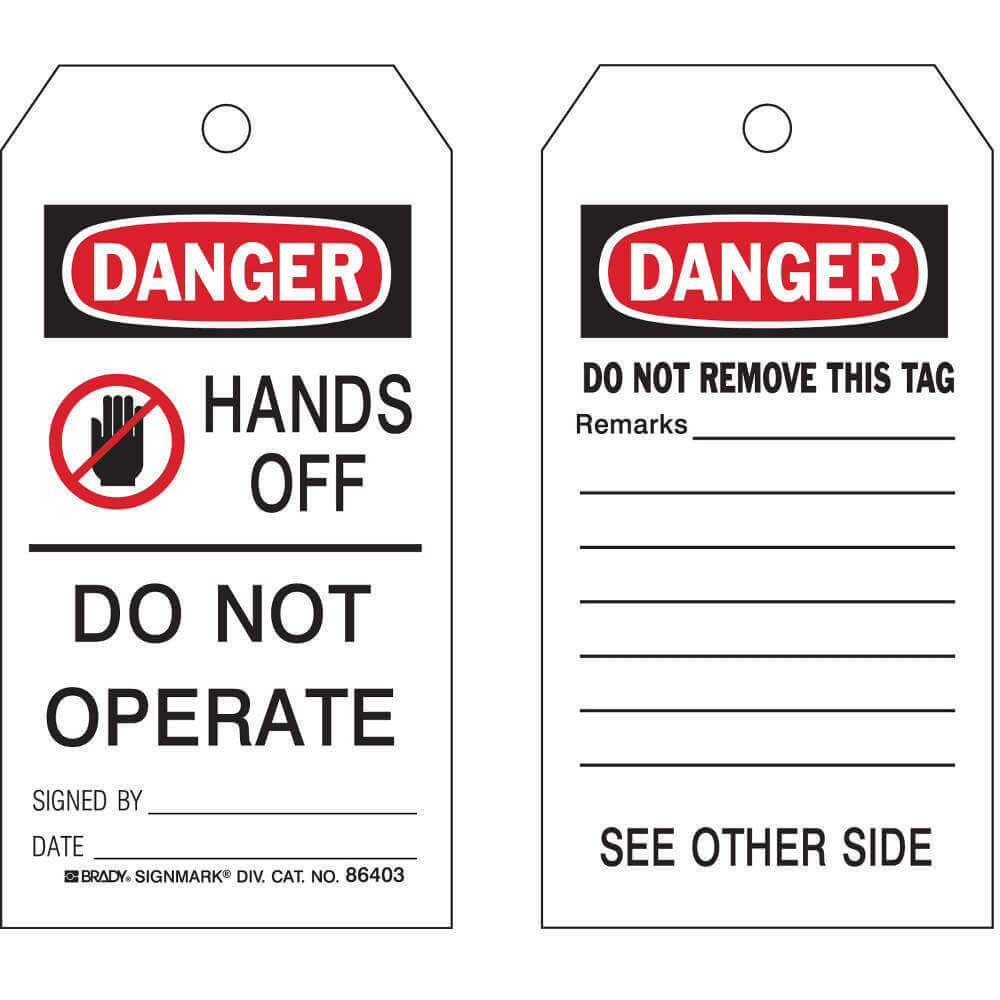 Danger Tag, 5-3/4 x 3 Inch, HANDS OFF DO NOT OPERATE SIGNED BY___DATE___, Polyester