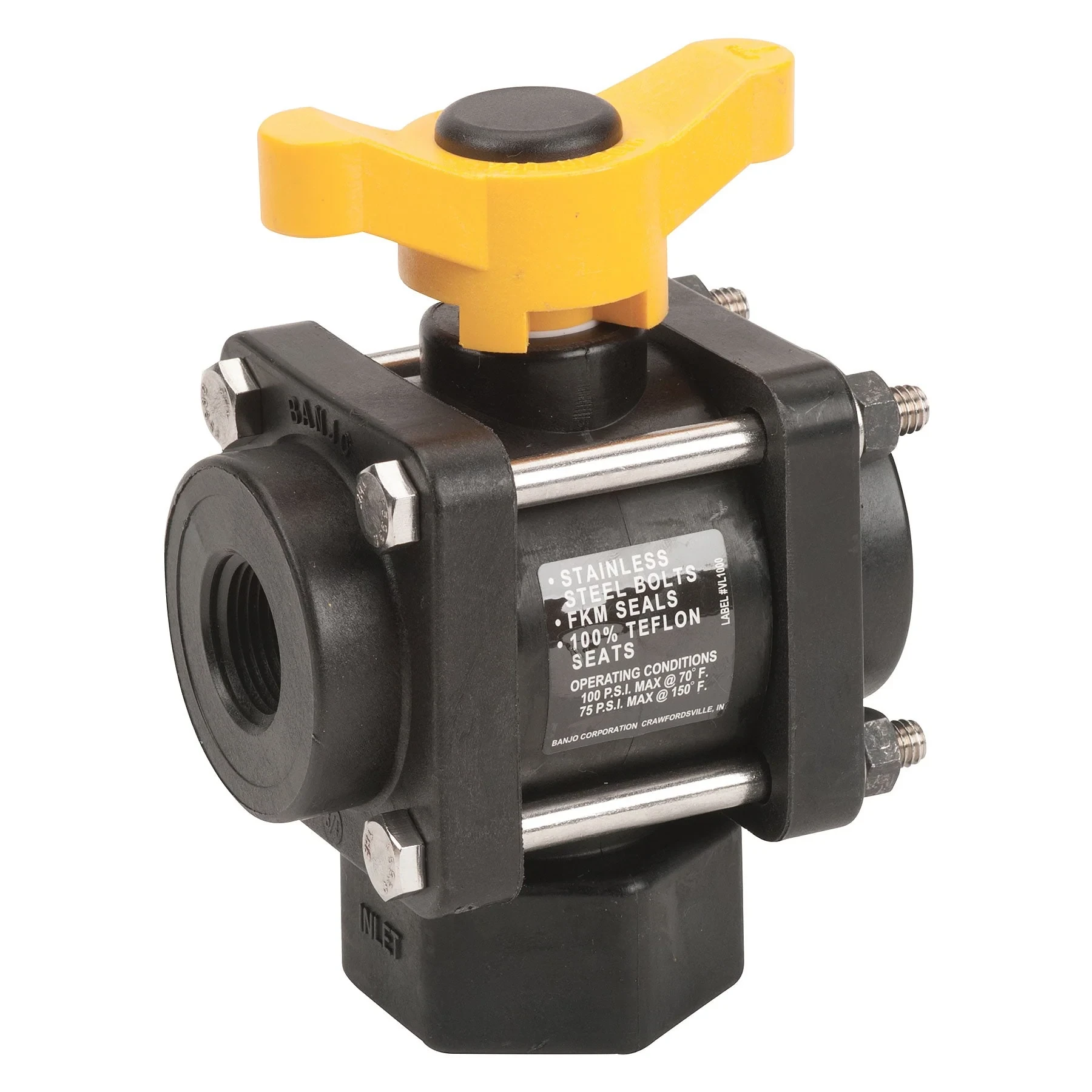 Ball Valve, 3 Way, 3/4 Inch Fpt, Bottom Load Poly