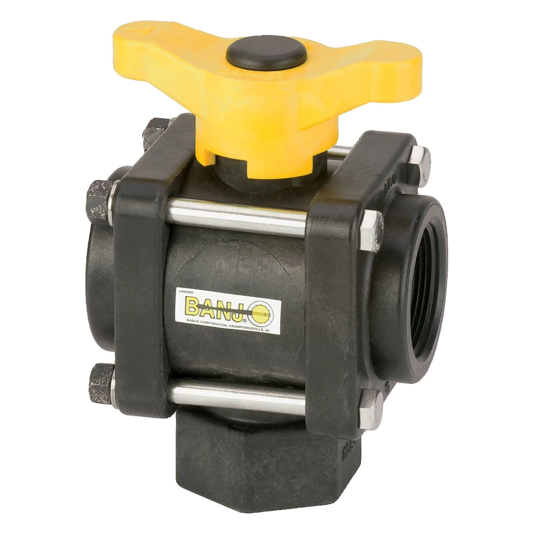 Fpt 3-Way Bottom Load Poly Ball Valve, 1-1/2 Inch Size