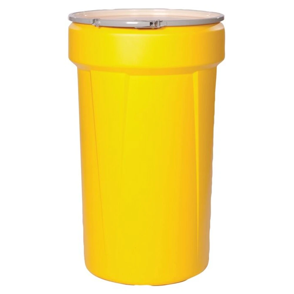 Open Head Poly Drum, 57 Gallon, Yellow with Metal Lever-Lock Ring