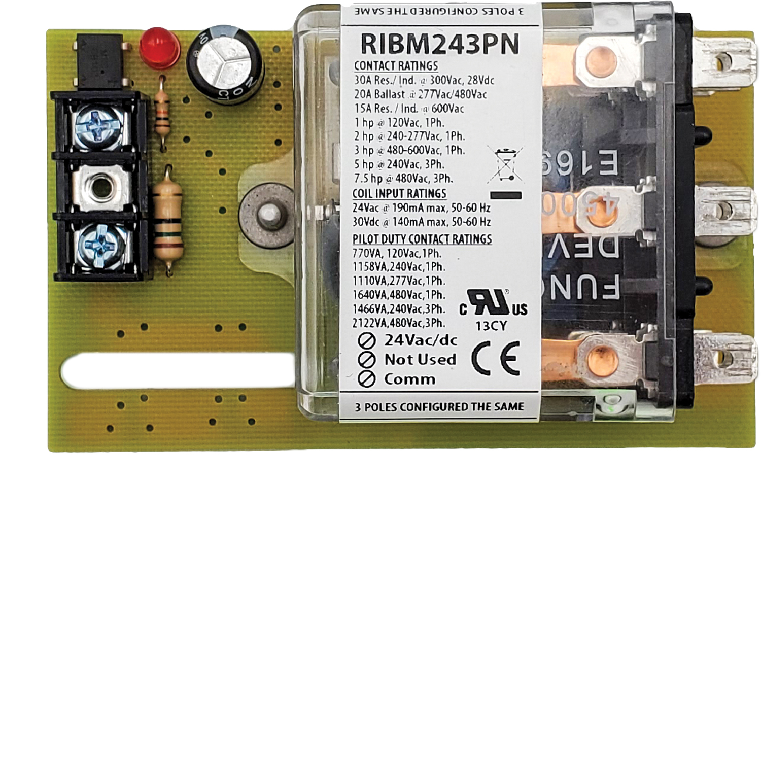 Functional Devices Inc / Rib RIBM243PN, Control Relay, With 24 VAC Coil,  3PDT, 30 A