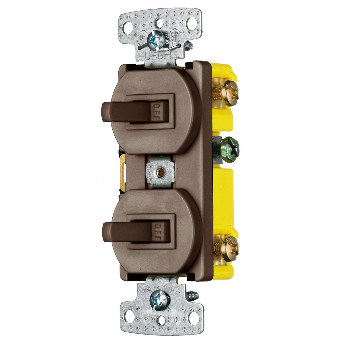 Toggle Switch, 15A, 120VAC, Self Grounding, Side Wired, Brown