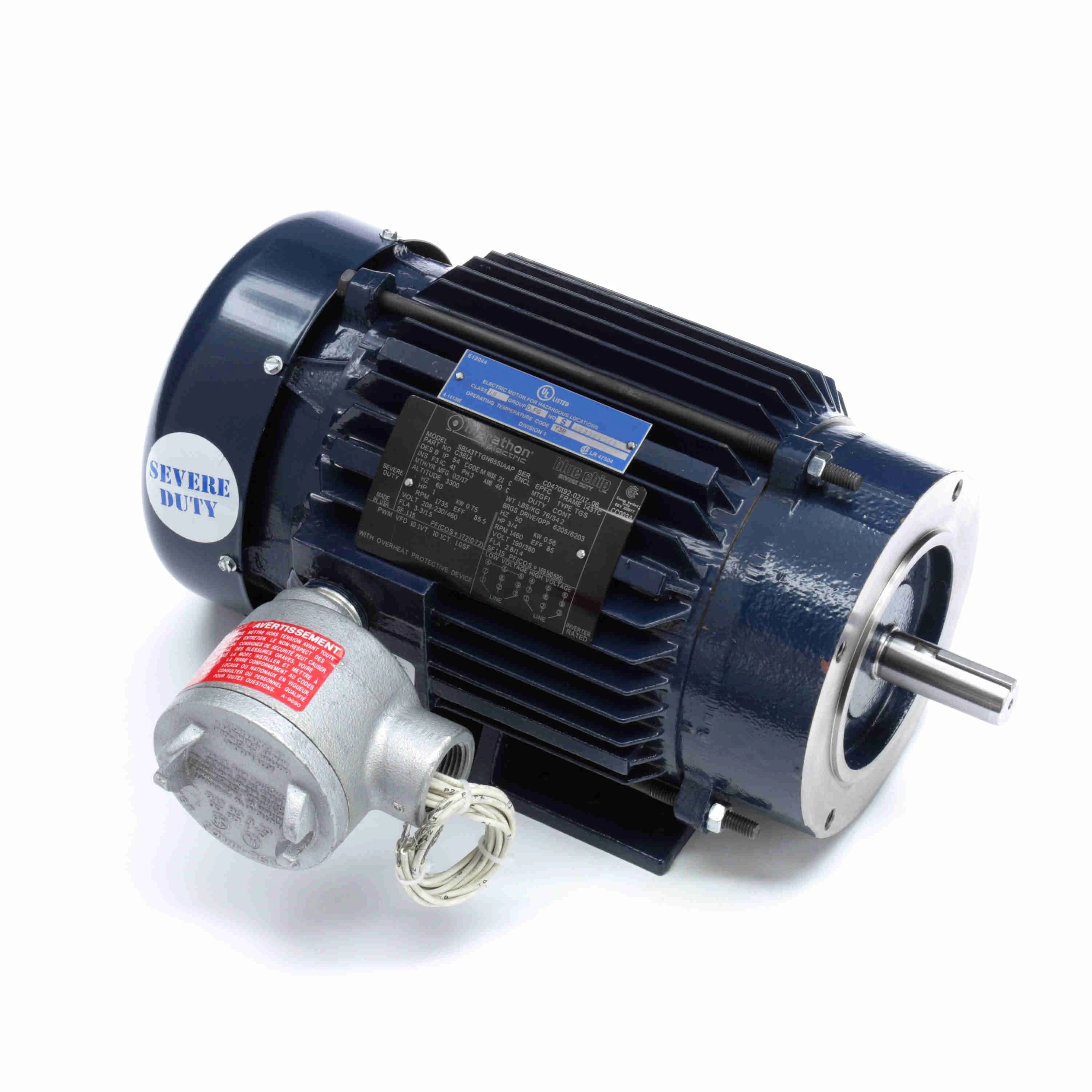 Explosion Proof Motor, 1/0.75 HP, 3 Phase, 60/50 Hz, 230/460 and 190/380 V, 1800 RPM