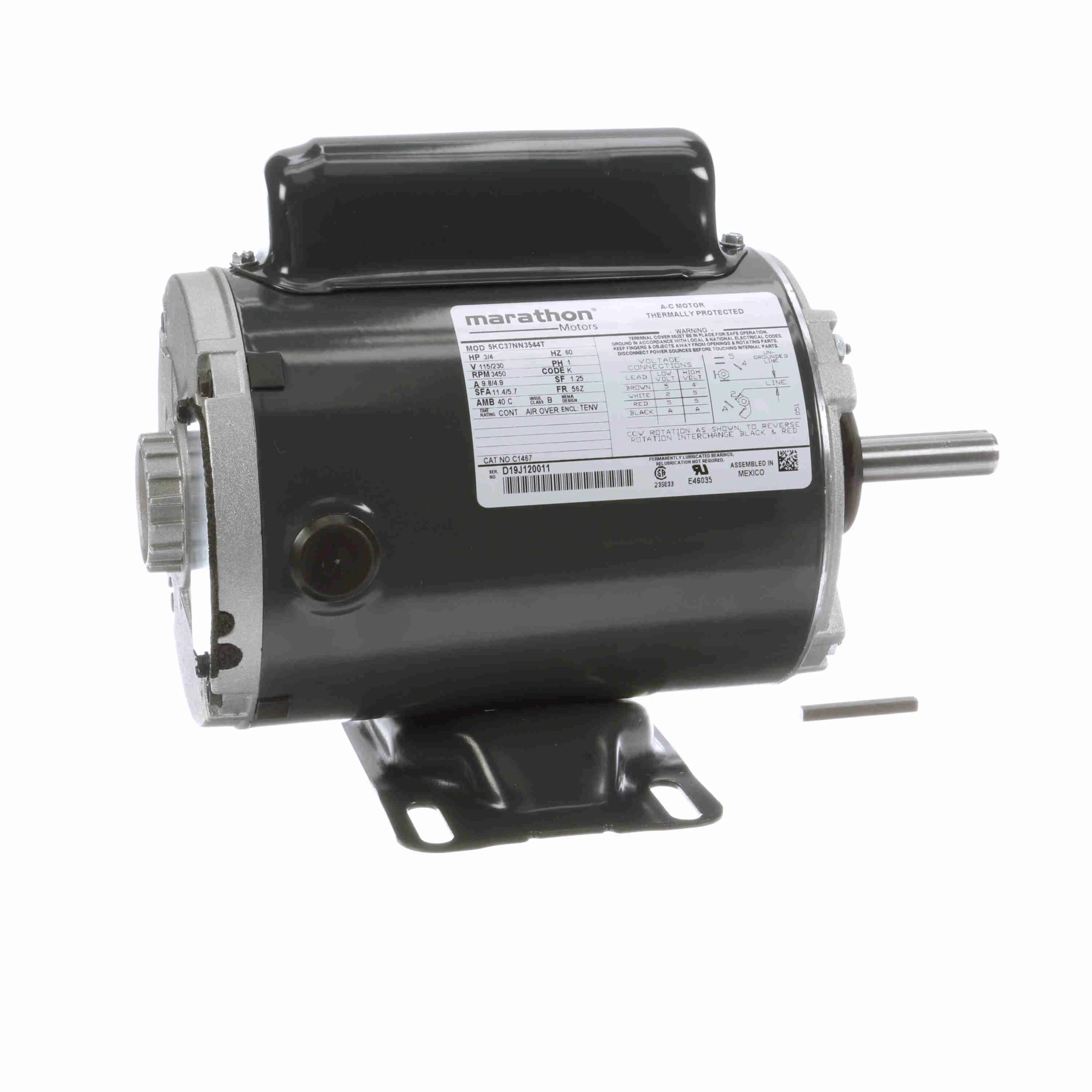 Aeration Fan Motor, 0.75 HP, 1 Phase, 60 Hz, 115/230V, 3600 RPM