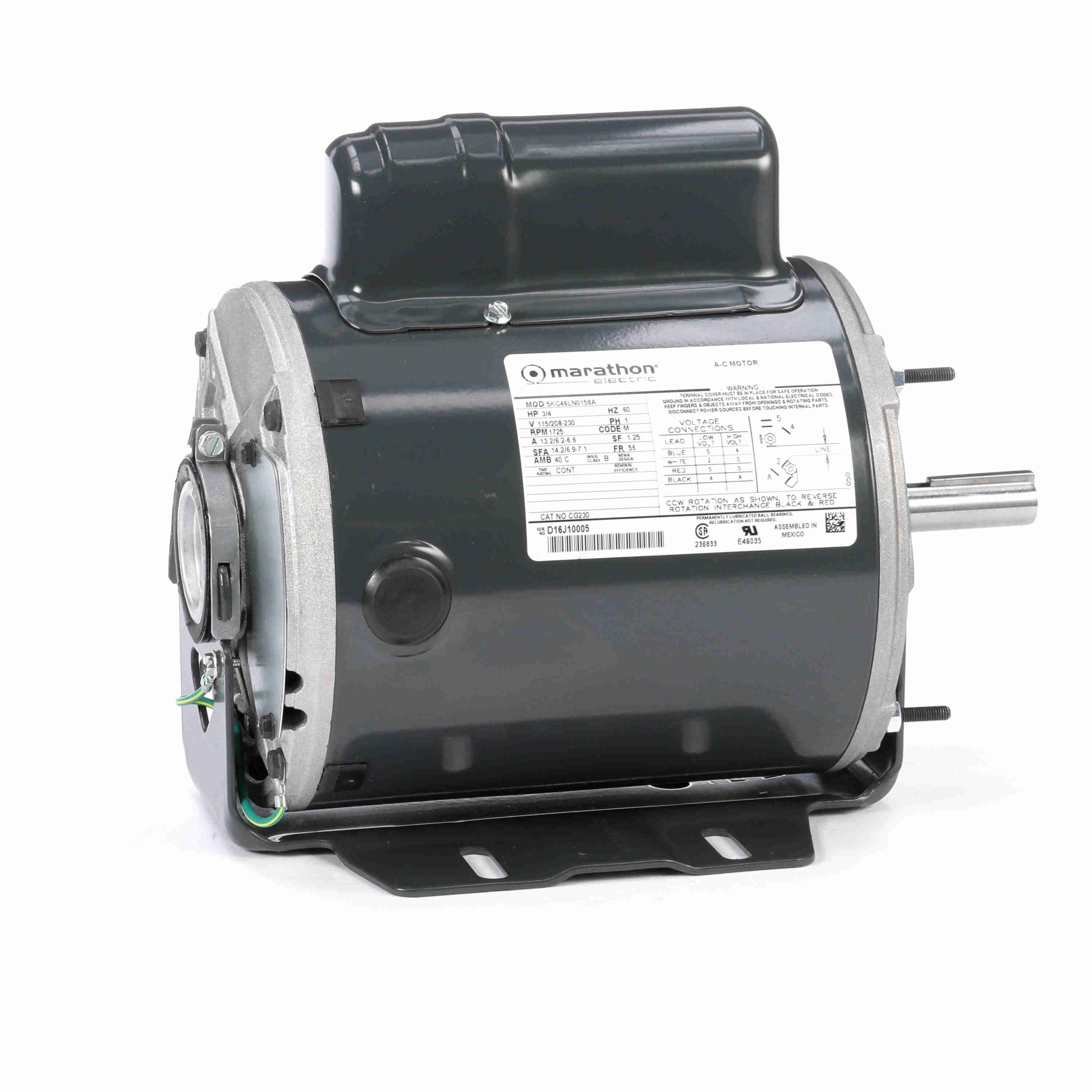 MARATHON MOTORS 056C17D2074 Motor,3//4 HP,1725 RPM,115//208-230V,Auto