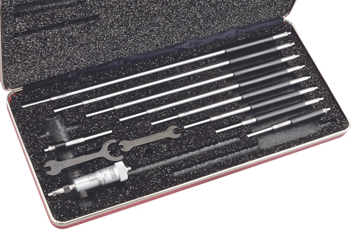 Inside Micrometer Set, 2 - 12 Inch, Curved Anvil, 0.001 Inch Grad