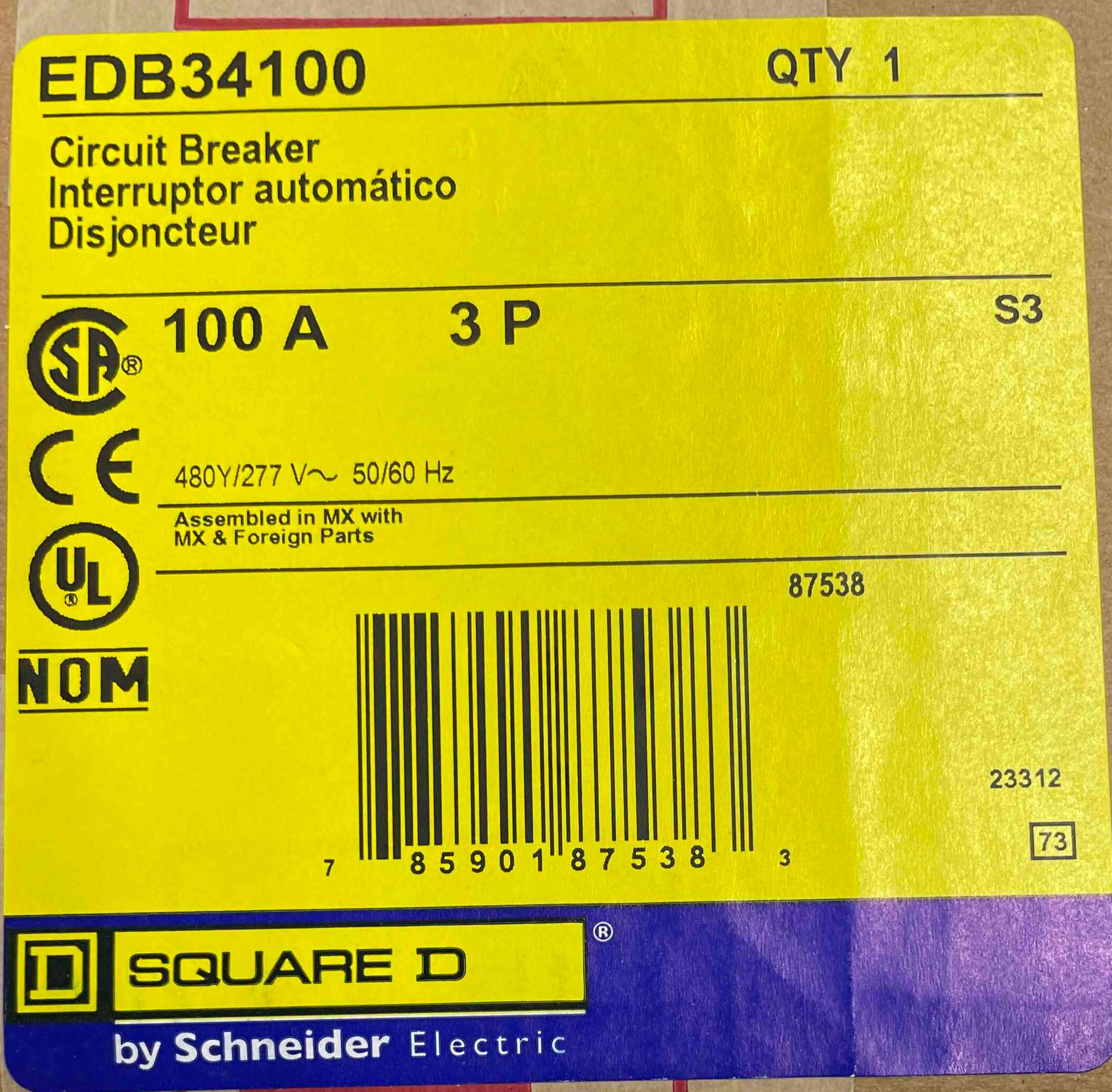 SQUARE D EDB34100, Bolt On Circuit Breaker, Specification, Product In Box, Stock Available