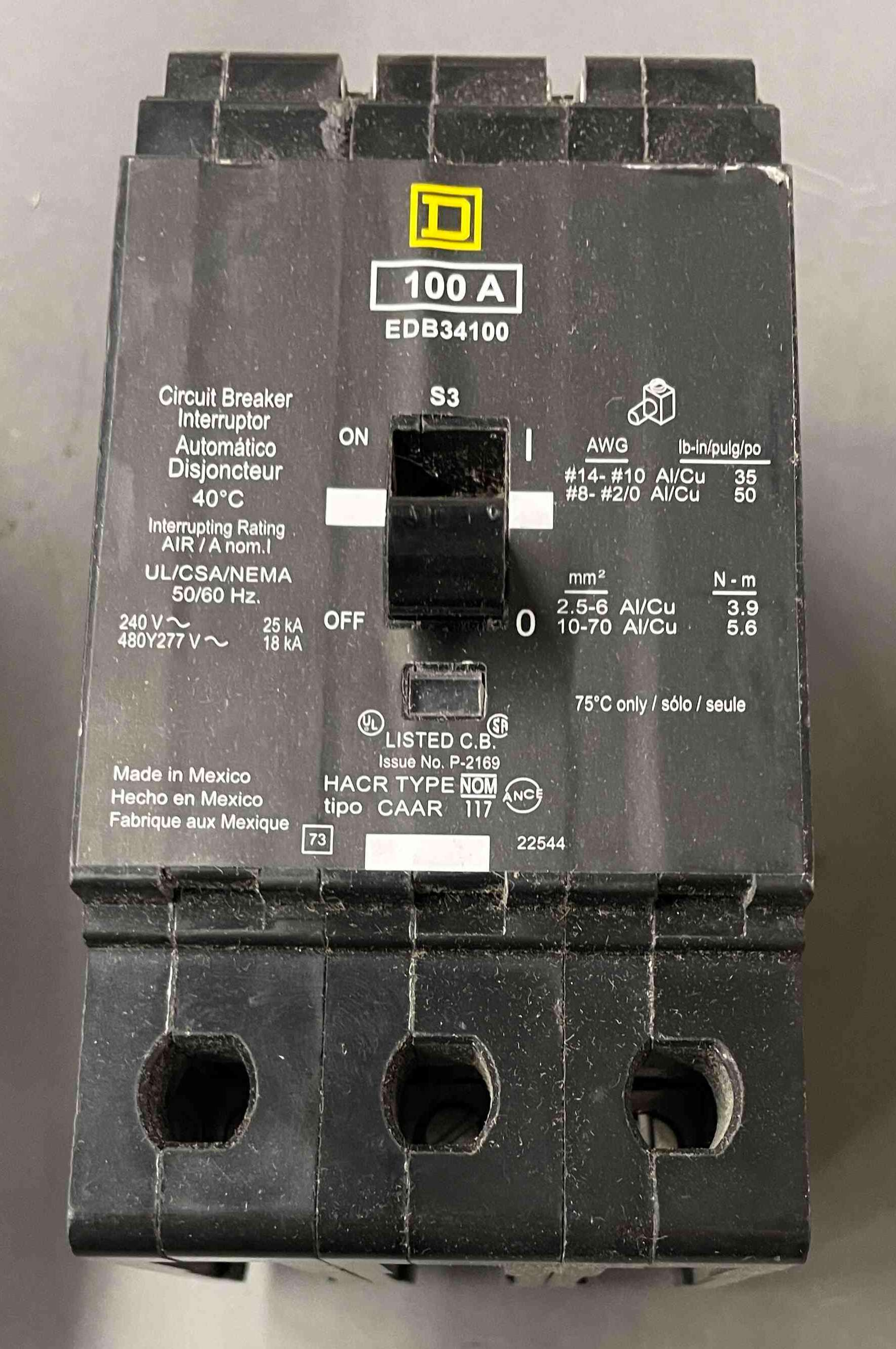 SQUARE D EDB34100 Bolt On Circuit Breaker, 2300 A, 3 Poles, AC Voltage Rating 277/480 VAC, In Stock